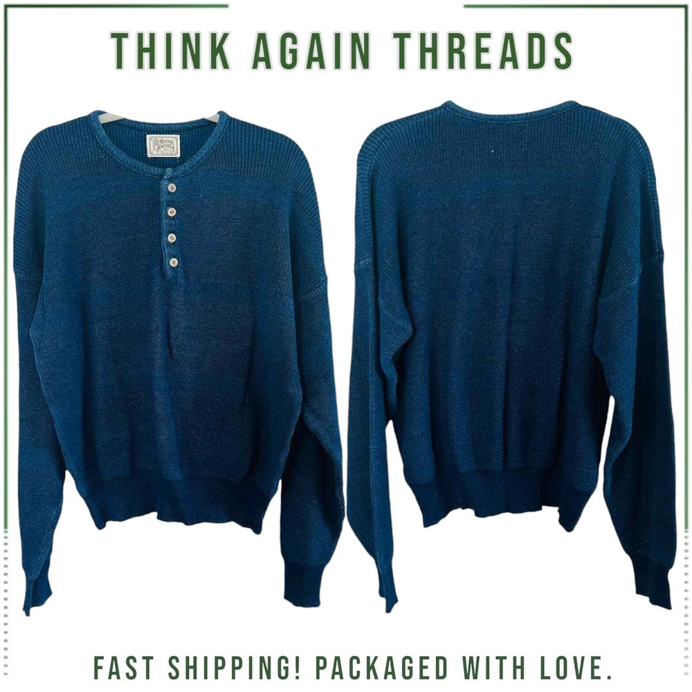 Native America by ALPS 1/4 Button Front Cozy Knit Henley Sweater Navy Blue XL